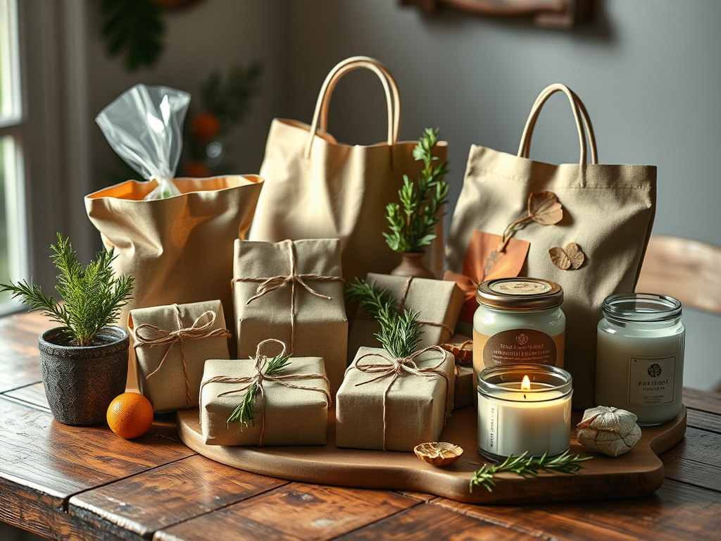 Table set with many gift boxes in eco friendly wrapping