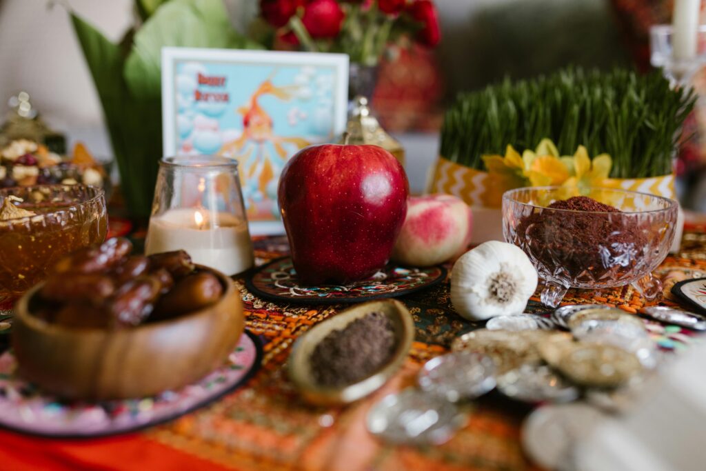 Traditional Persian New Year table with symbolic foods and elegant decorations
